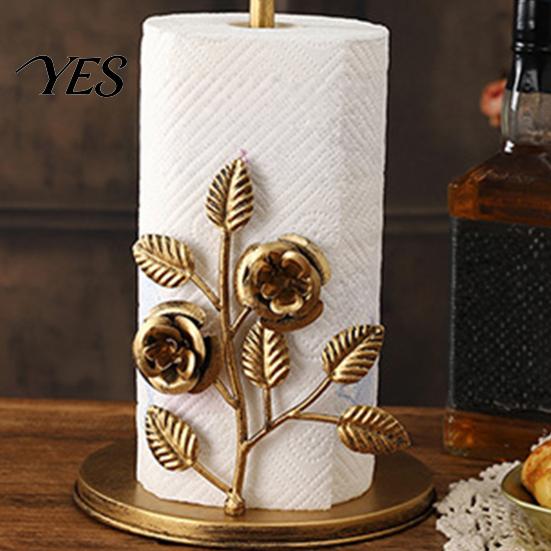 Waterproof Paper Towel Stand Holder Countertop, Bird Ginkgo Rose Roll with Stable Solid Wood Base Base, Vintage Metal Toilet for Kitchen, Living Room,