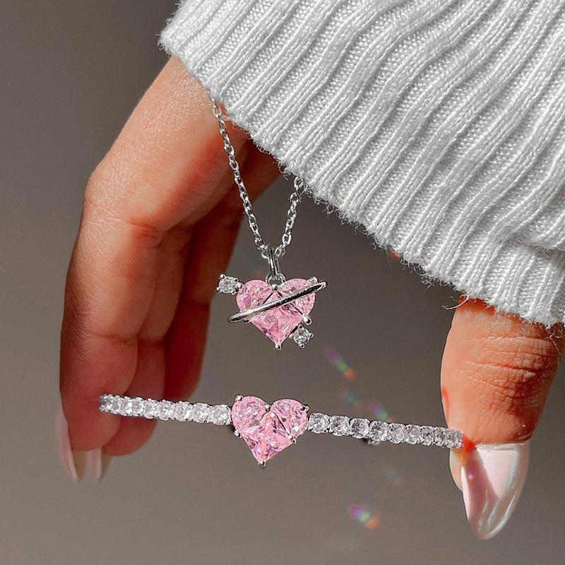 Bling White Zircon Bracelet Necklaces for Women Heart-Shaped Pink Crystal Pendant Necklace Women's Jewelry Set Exquisite Gifts