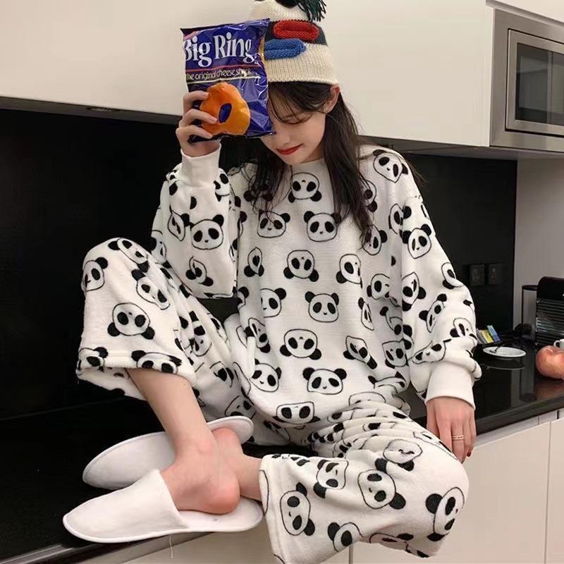 Осенне-зимний женский удобный фланелевой пижамный комплект, теплая коралловая бархатная домашняя одежда