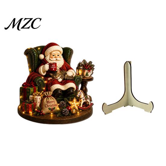 Indoor Christmas Holiday Accents 2D Wooden Castle Tabletop Ornament, Santa Scene Bookshelf Decoration Seasonal Table Decor with Stand, Festive