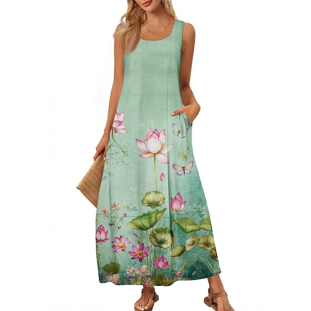 Women's Casual Long-length Sundress Summer Beach Dress Round Neck Sleeveless Loose Sundress
