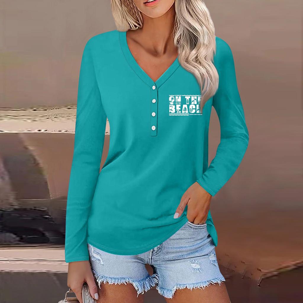 Женская повседневная мода сексуальный удобный пляжный стиль повседневный принт V-образный вырез пуговицы длинный рукав
