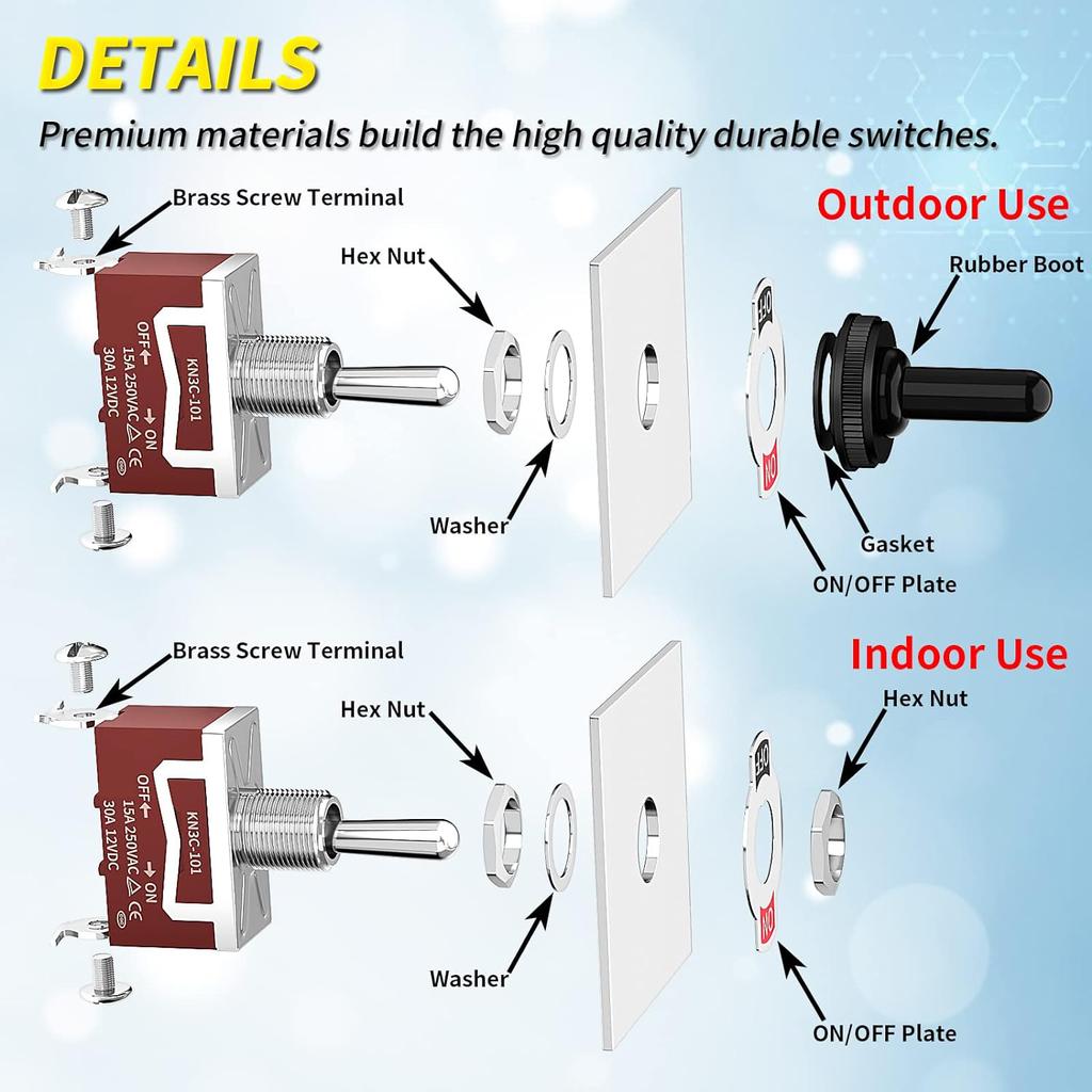 5pcs Waterproof Toggle Switch 12V Marine ON Off ON SPDT 12 Volt DC 30A Heavy Duty 3 Way Toggle Switch with Boot Cap Cover