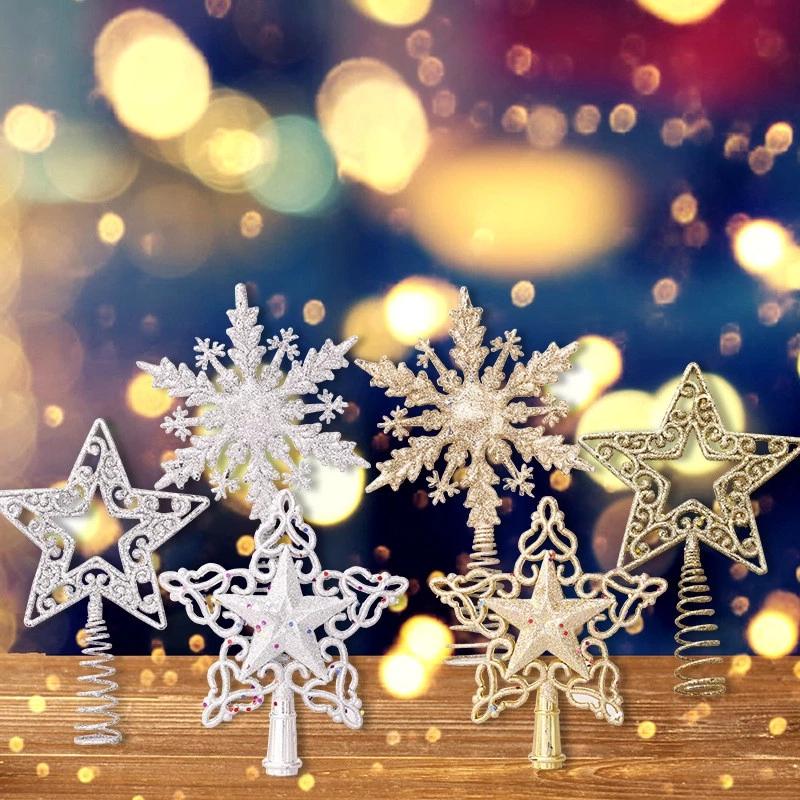 Christmas Tree Top Glitter Gold Silver Star Xmas Tree Snowflake Ornaments Christmas Decoration For Home
