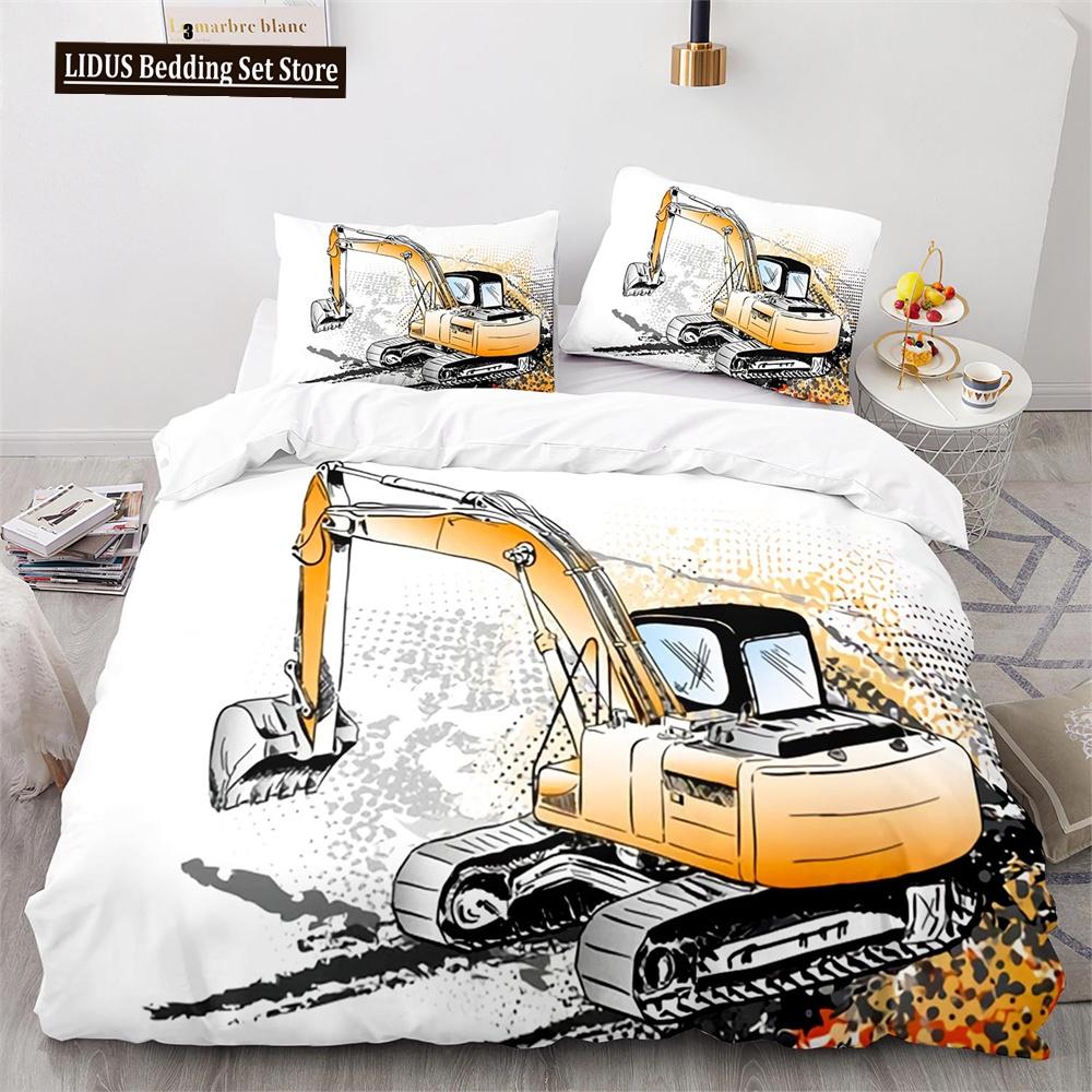 Комплект пододеяльника Digger Мультяшный Грузовик Тяжелой Техники Кран Бетономешалка Экскаватор Трактор Узор Для Ребенка Подростка Полиэстеровый Постельный Комплект
