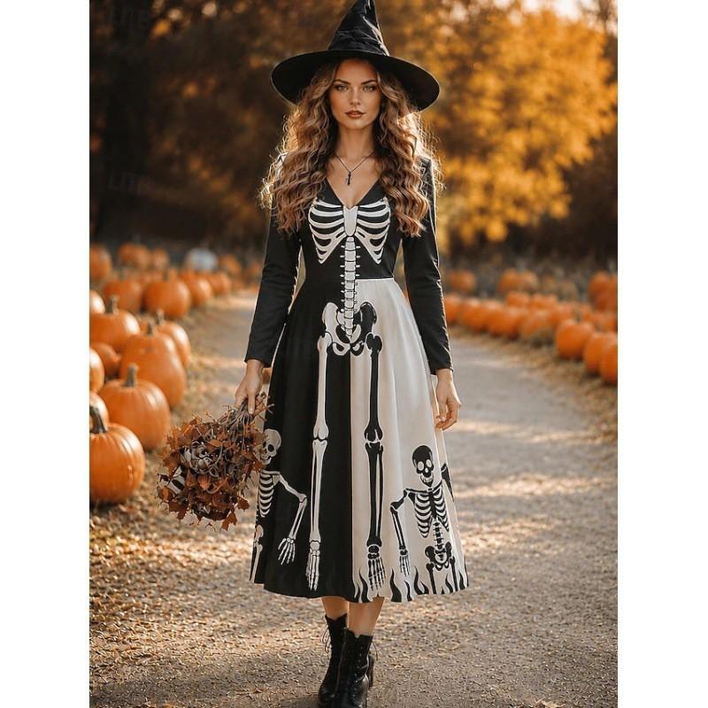 Halloween Long A-Line Dress Vintage Bohemian Style Skull Print V-Neck Full Sleeve Party Wear