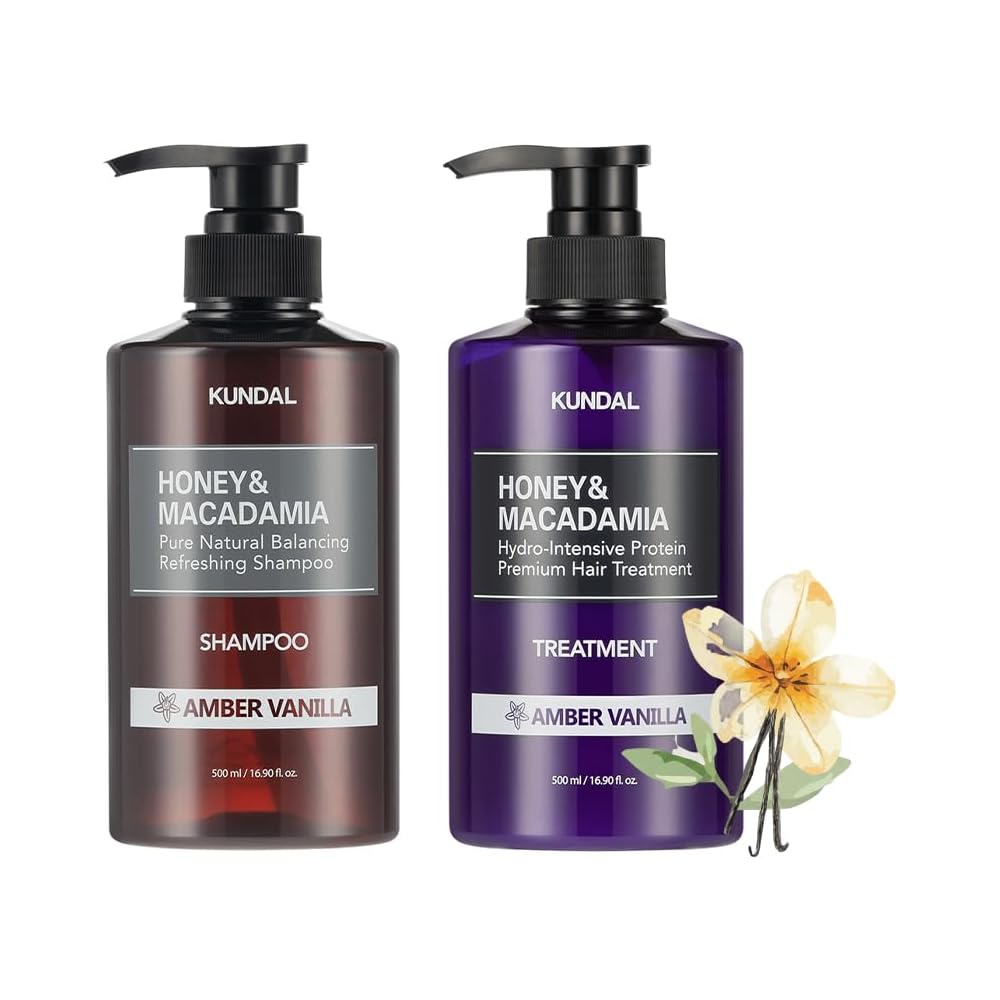 Набор шампуня и кондиционера Kundal Amber Vanilla Honey & Macadamia по 500 мл каждый. Стойкий аромат. Уход за волосами.
