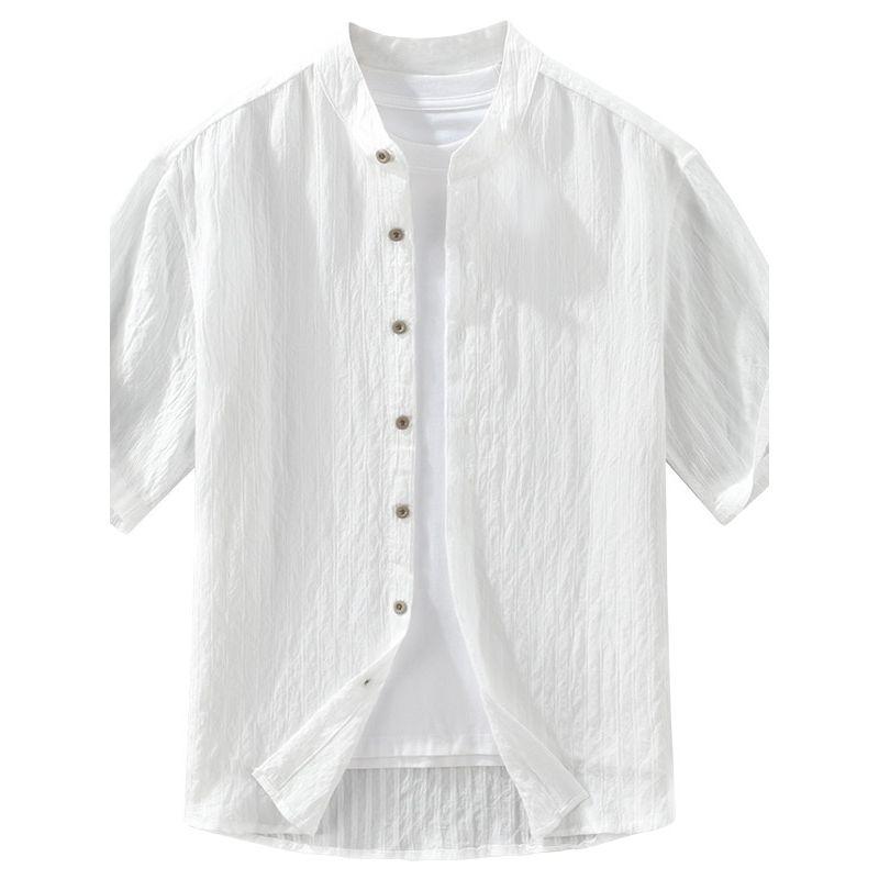 Foreign Trade Surplus Japanese-Style Casual Comfortable Thin Short-Sleeve Shirt for Men, Loose Trendy Chinese Style Stand Collar White Shirt