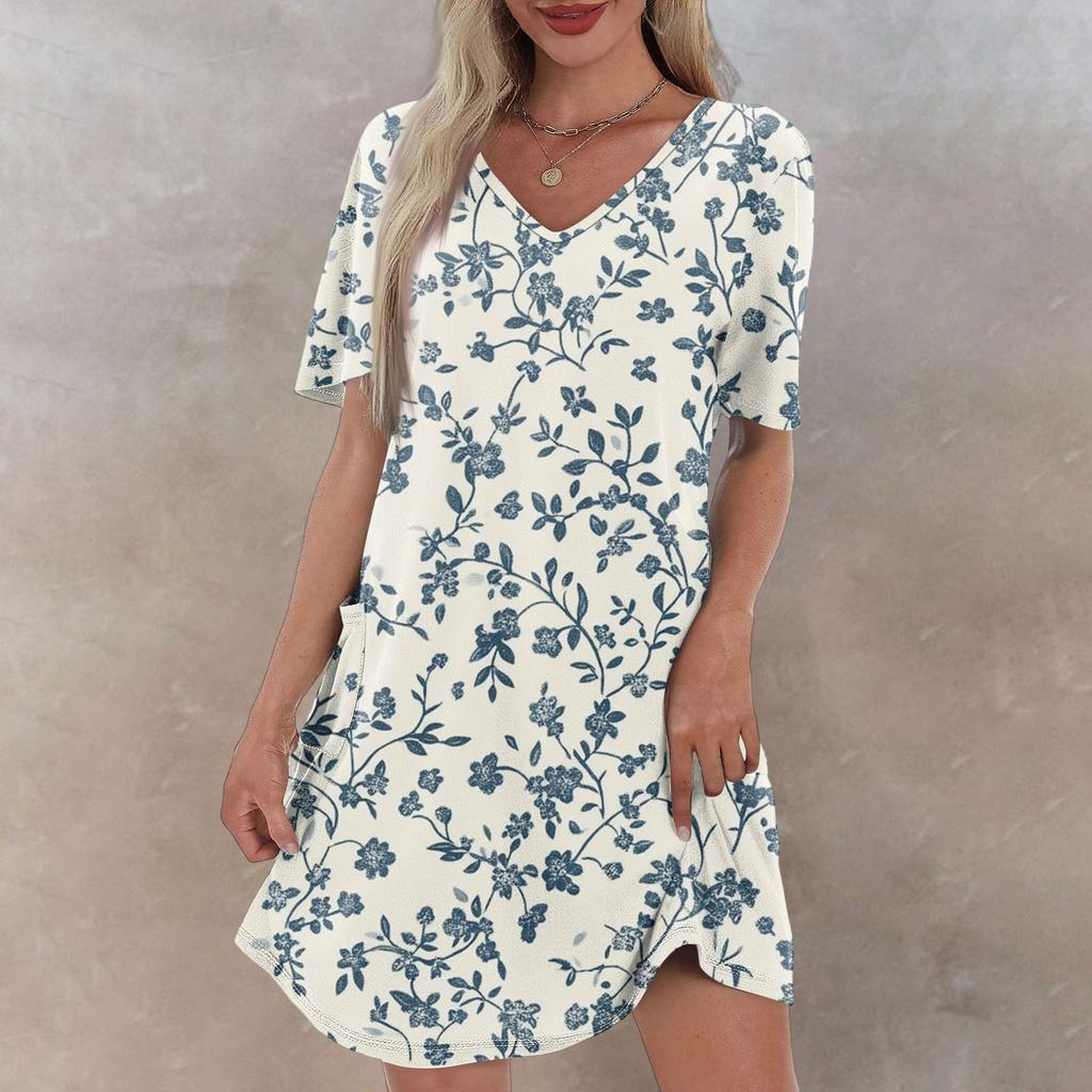 Women's Summer Fashion Casual V-Neck Floral Print Short Sleeve Pocket Dress
