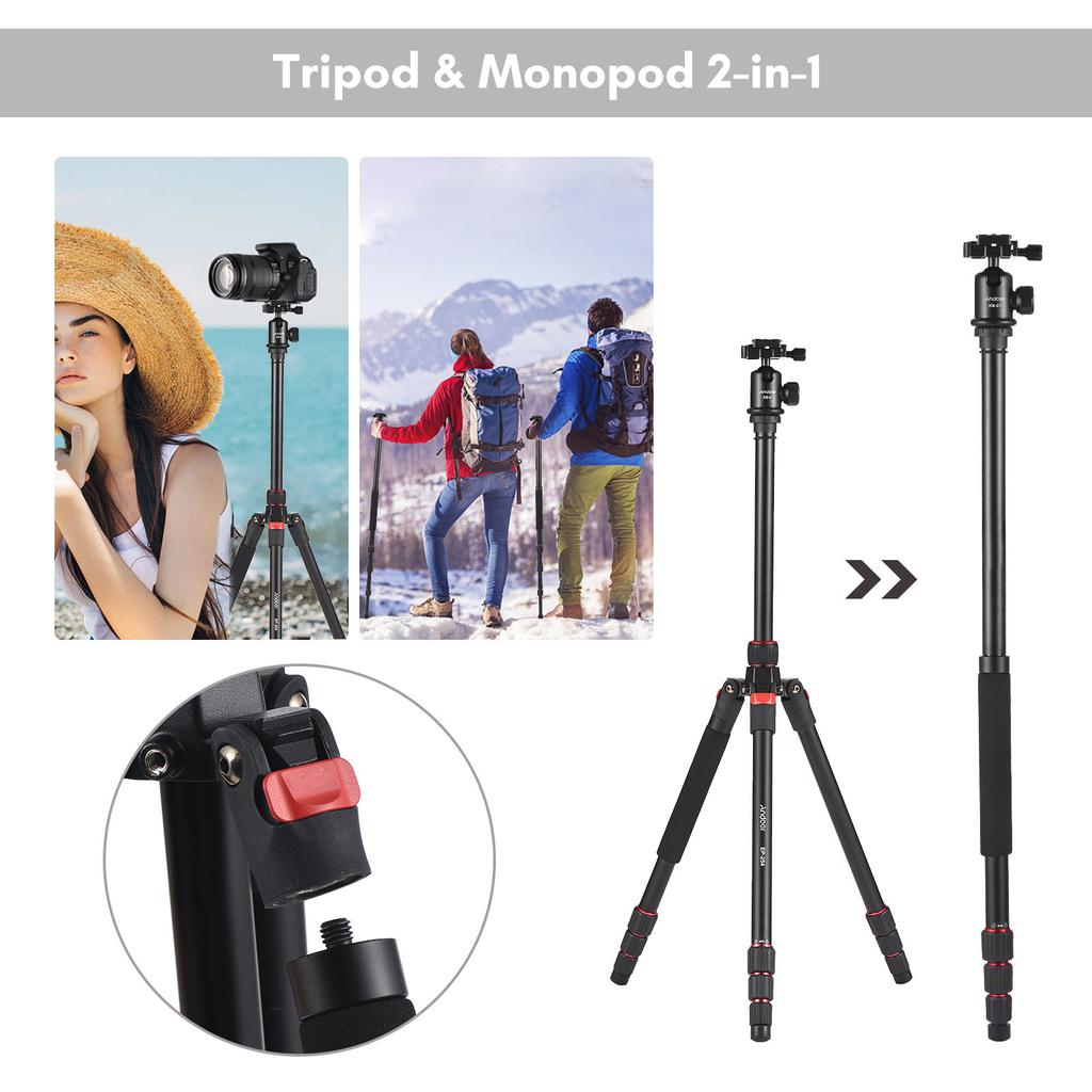 Andoer 153cm/60in Portable Camera Tripod Stand Aluminum Alloy with Detachable Monopod 360 Degrees Rotatable