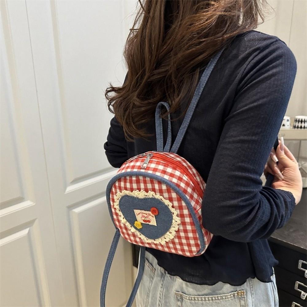 Cloth Denim Shoulders Bag Mini Knapsack Lovely Lattice Backpack  Outdoor