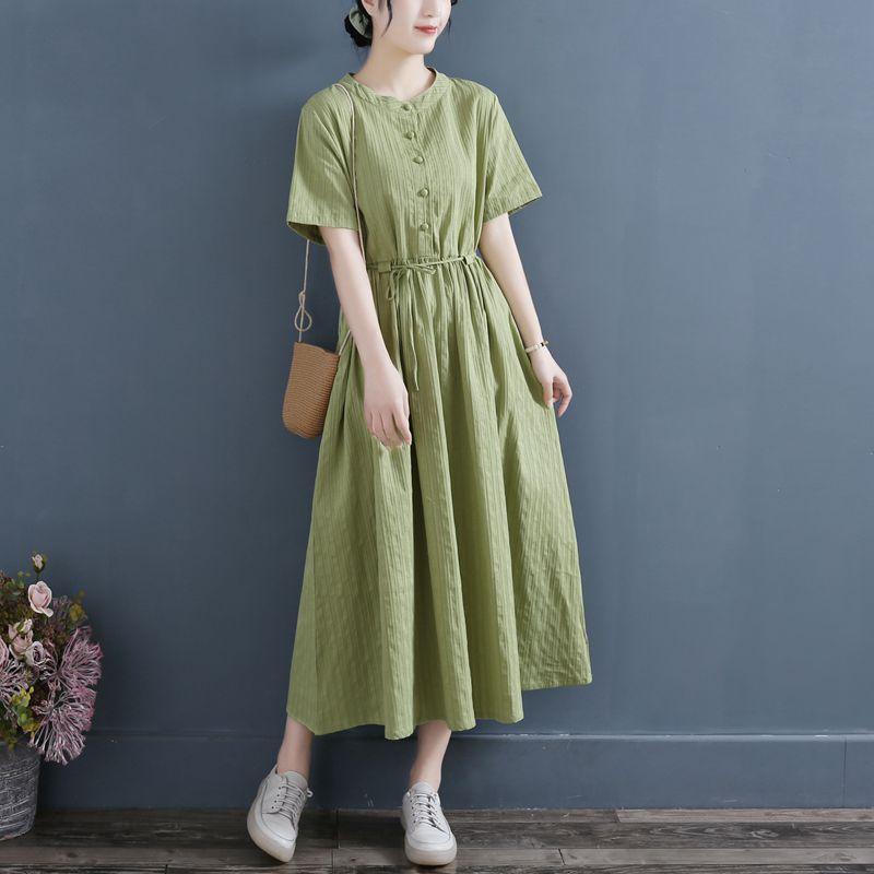 2025 лето новое ретро платье-веер с воротником-стойкой и короткими рукавами из хлопка и льна, женское свободное и тонкое однотонное платье средней и длинной длины