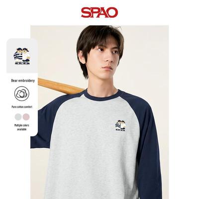 Мужская футболка SPAO с длинным рукавом, цветные блоки, с рисунком маленького медведя