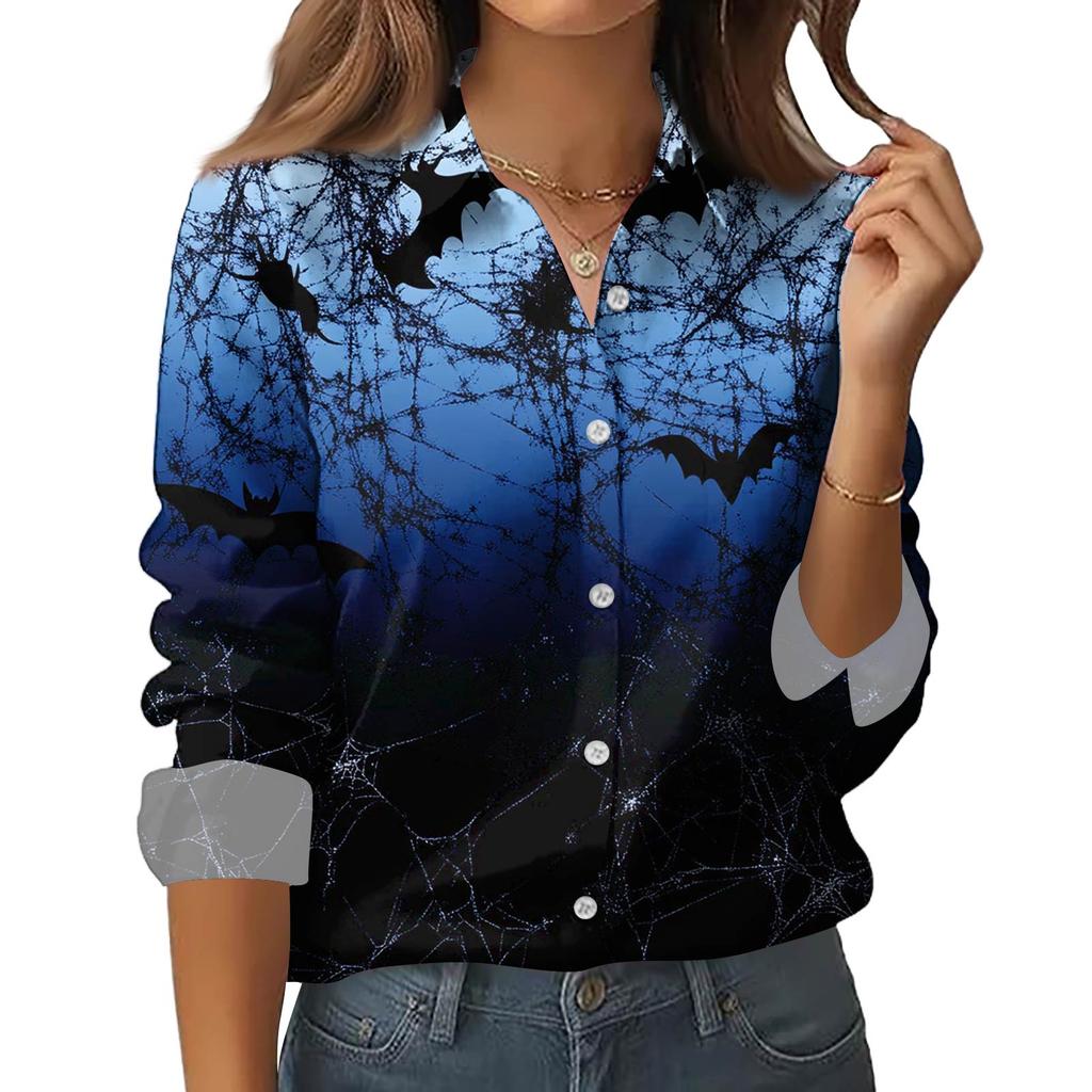 Женская рубашка-блузка с принтом и пуговицами, длинный рукав, повседневный базовый рубашечный воротник, обычный топ