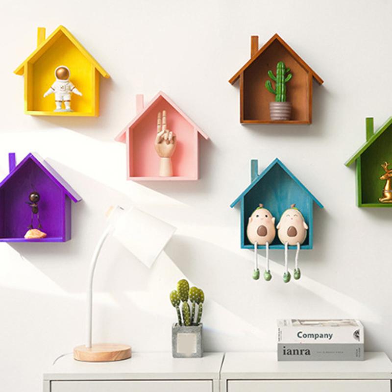 Display Toy Shelf Wooden Wall Shelf Wall Mounted Floating Shelves House Shape Wall Storage Organizer Key Storage Rack Wall Decor