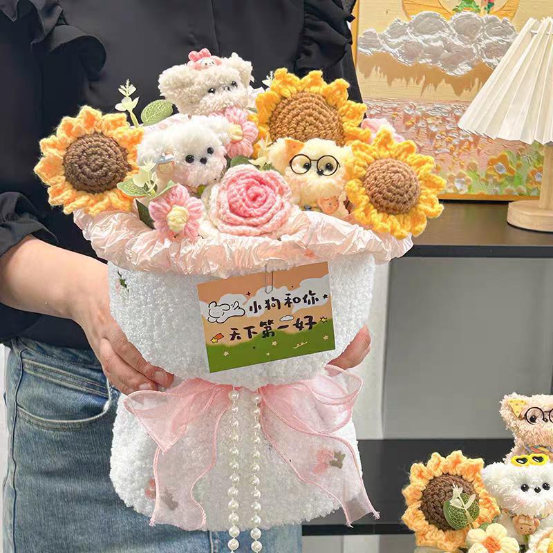 Chenille Stem Birthday Bouquet with Dog Doll - Handmade, Cute Gift for Bestie