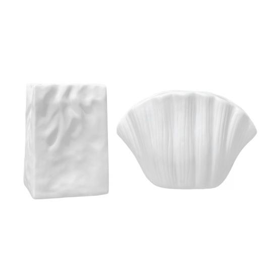 White Vinyl Shell Flower Vase Modern Pleated Flower Holder Container Home Office Table Centerpiece