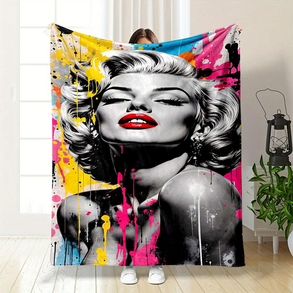 A Grayscale Portrait with Vibrant Paint Splashes In Yellow, Pink, and Blue. for All Seasons Blanket Lunch Break Throw Gift