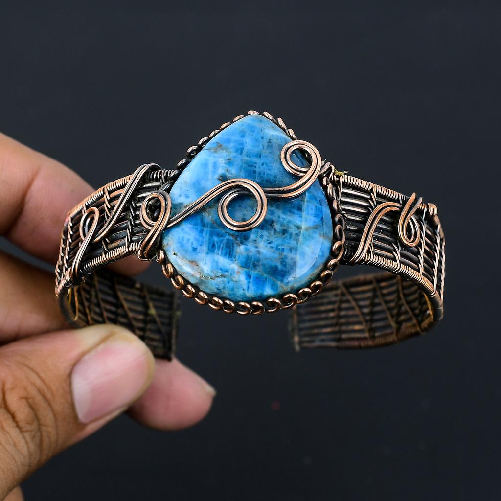 Neon Blue Apatite Handmade Copper Wire Wrap Bangle Adjustable L0v25