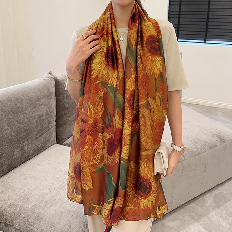 New Simple and Versatile Geometric Fashion Scarf Women's Thin Simulated Silk Shawl Sunscreen Long Large Size Silk