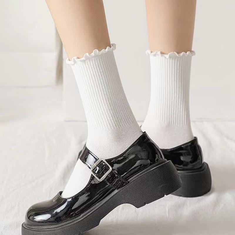 10 Pairs White Mid Calf Socks Versatile JK Japanese Women Socks White Ear Four Seasons Mid Calf Socks White Lace Socks
