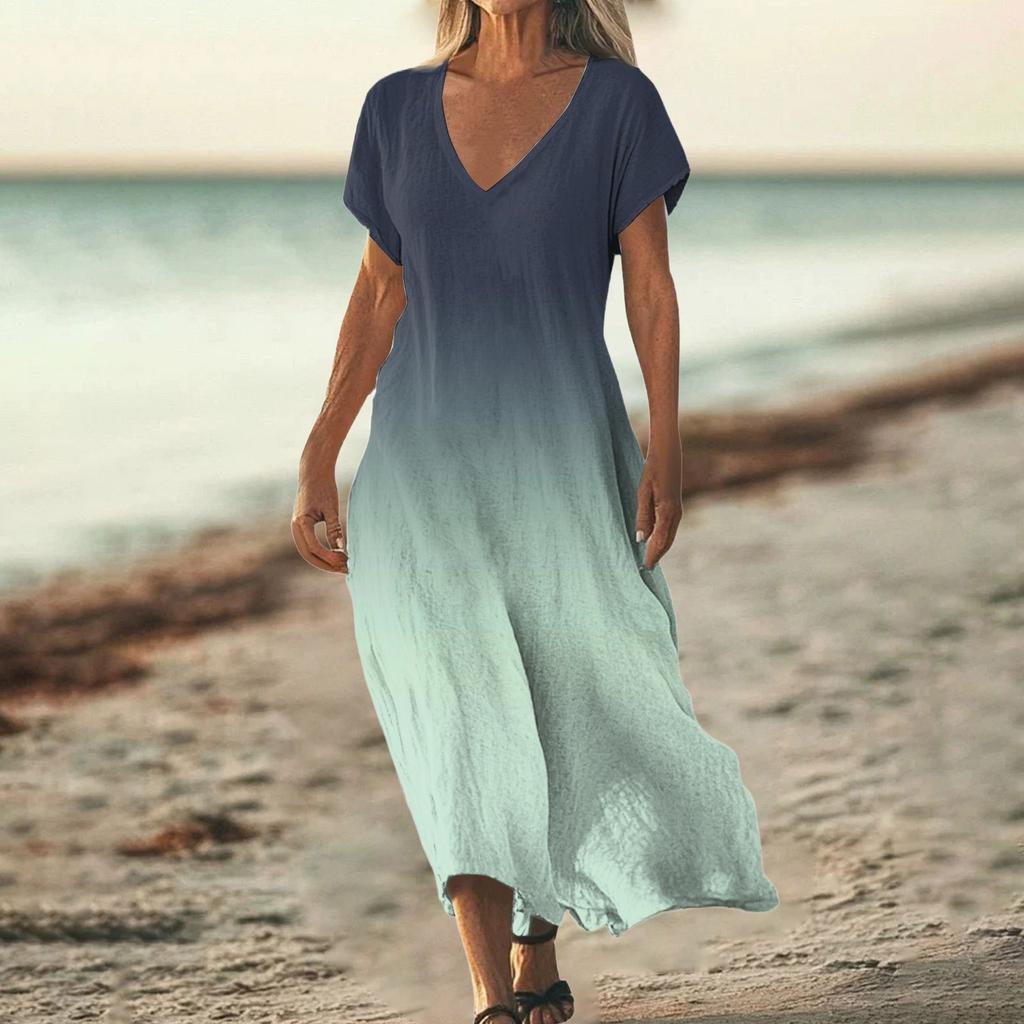 Women's Summer V-Neck Short Sleeve Cotton Linen Gradient Printed Loose Beach Dresses