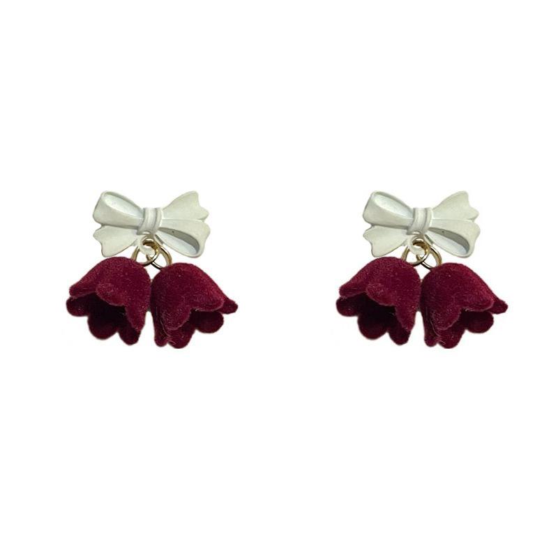 Festive red velvet bow stud earrings women's earrings temperament sweet flower long fringed earrings earrings autumn and winter