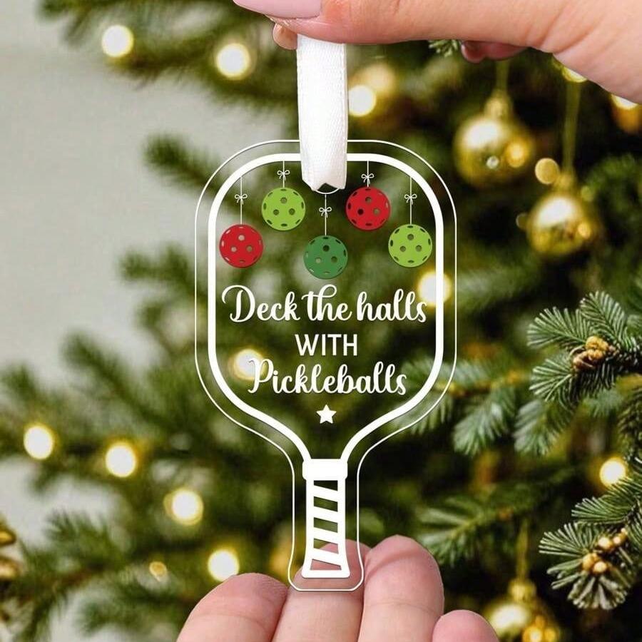 2 шт. Прозрачное акриловое украшение «Deck The Halls with Pickleball», Рождественские подвесные акриловые украшения, Персонализированное рождественское украшение для пиклбола