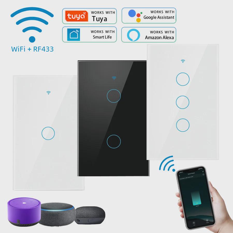 Сенсорный выключатель Tuya Smart WiFi американского стандарта, одинарный провод под напряжением, закаленное стекло, RF433.