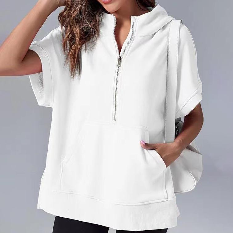 Весенняя женская однотонная модная повседневная толстовка с капюшоном и коротким рукавом