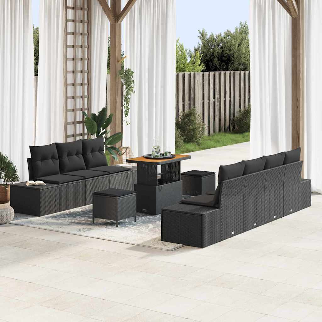 Garden Sofa Set with Cushions 10 pcs Black Poly Rattan