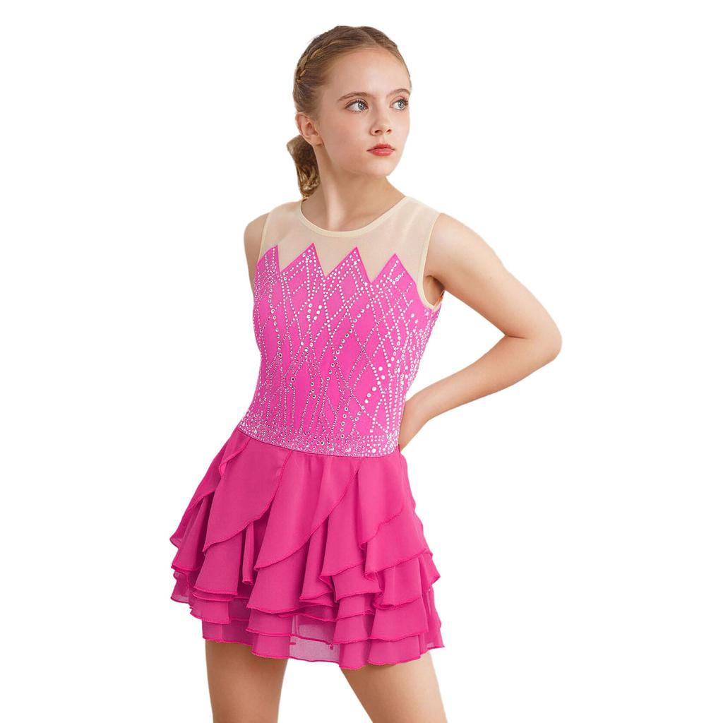 Kids Girls Rhythm Gymnastics Ballet Skirted Leotards Dresses Shiny Rhinestones Figure Skating Lyrical Dance Performance Costume
