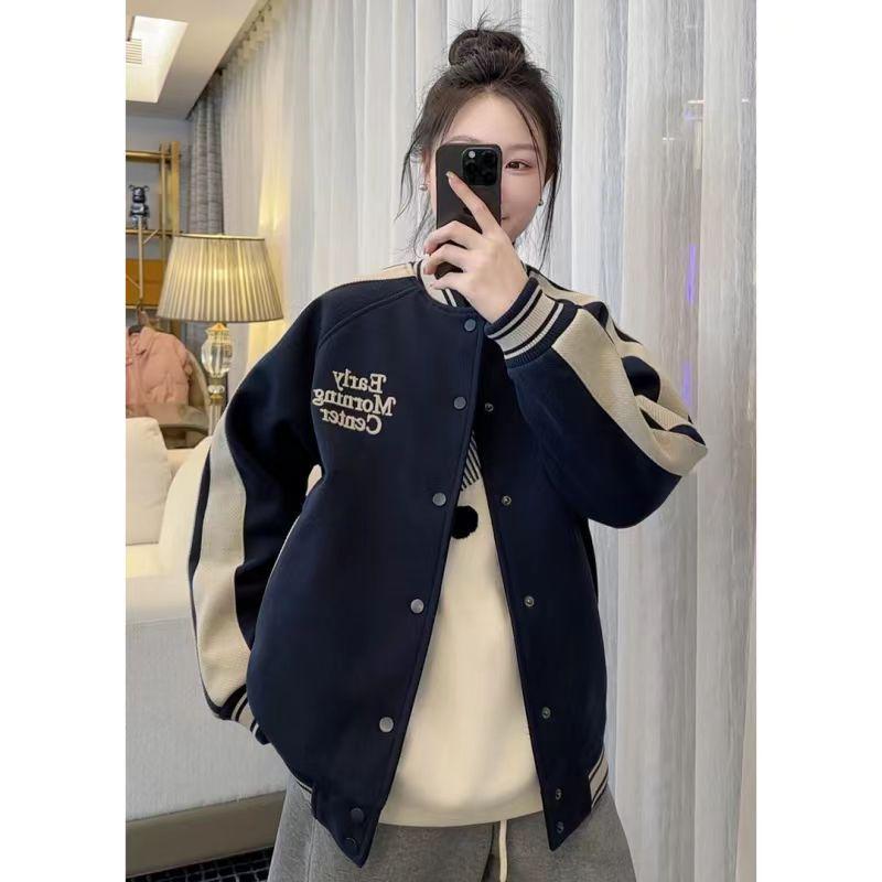 Women's Retro Color Block Baseball Jacket - Autumn/Winter, Loose Fit, Fleece Lined, Thickened