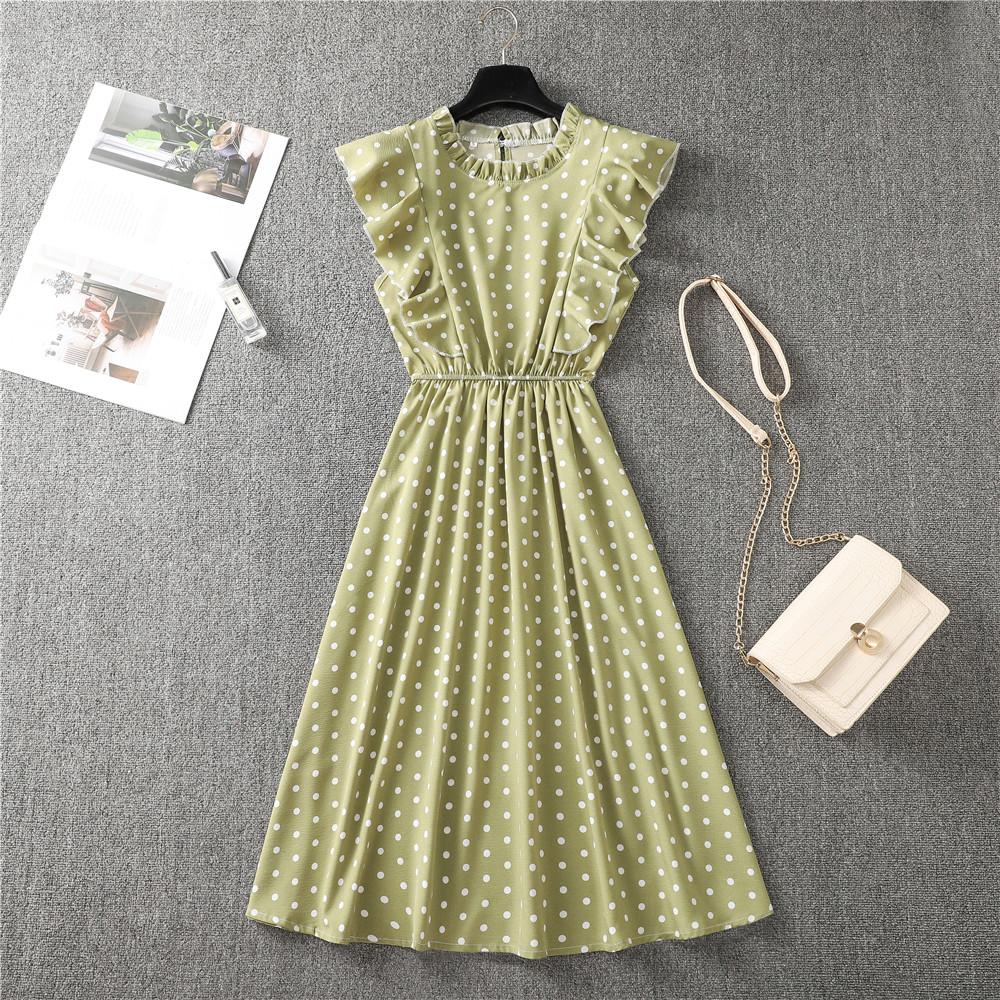 Летние шифоновые платья миди с цветочным принтом без рукавов, женское платье в стиле бохо с рюшами и стоячим воротником, трапециевидное платье на бретелях, женск...