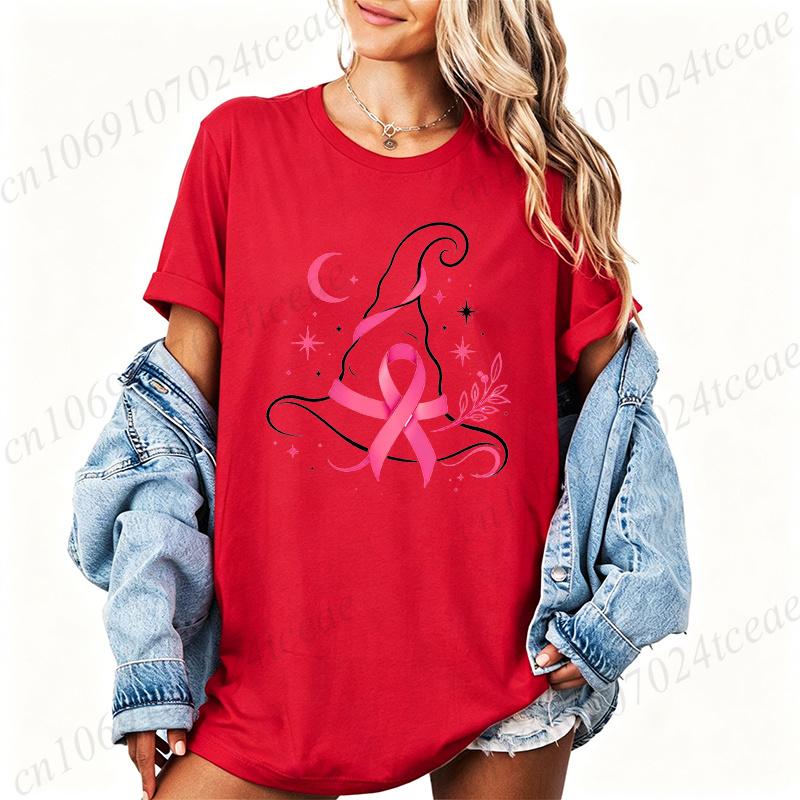 Pink Witch Hat Design T-Shirts Breast Cancer Awareness Women's Tee Shirts Pink Ribbon Halloween Graphic T-Shirts Gifts
