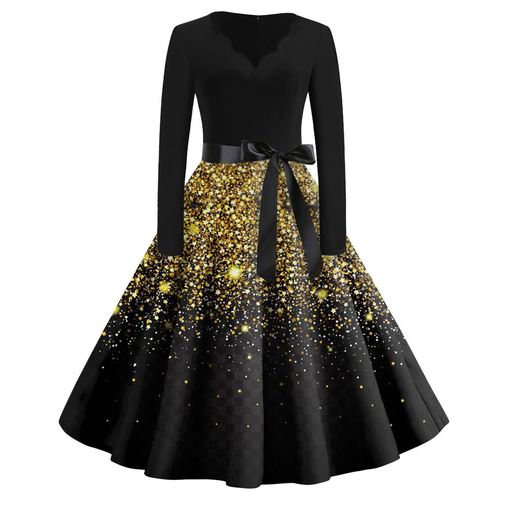 Женские повседневные модные винтажные длинные платья с длинным рукавом с рождественским принтом