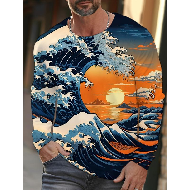 Новая мужская футболка с длинными рукавами Ukiyoe с 3D-печатью, высококачественный рисунок волн и кошек, мужской осенний повседневный топ с круглым вырезом