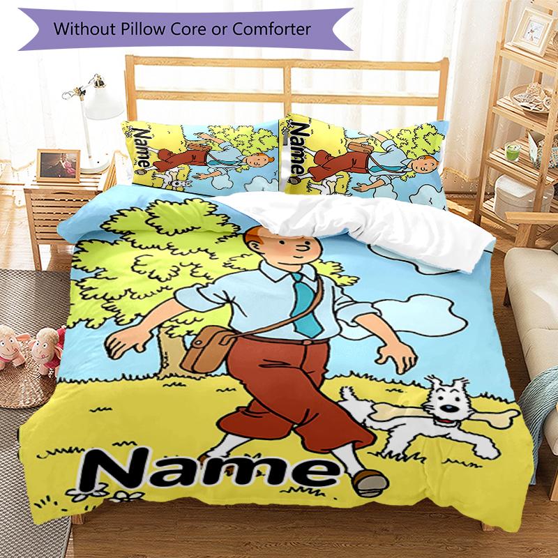 3pcs Custom Name The Adventures of Tintin Bedding Set Duvet Cover Closure Includes 1 Duvet Cover & 2 Pillowcases for All Seasons Bedroom Decor