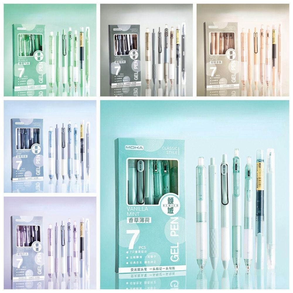 Гелевая ручка ST с нажимным стержнем, черные чернила, ручка для подписи, 7 шт./набор, шариковая ручка, студенческая