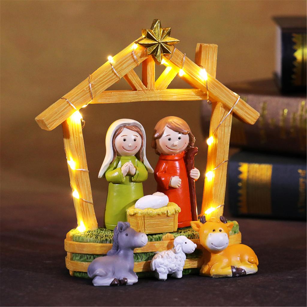 Рождественский Набор Фигурок Сцены Рождества Христова Религиозное Украшение со Светодиодной Подсветкой для Комнатного Настольного Праздничного Декора