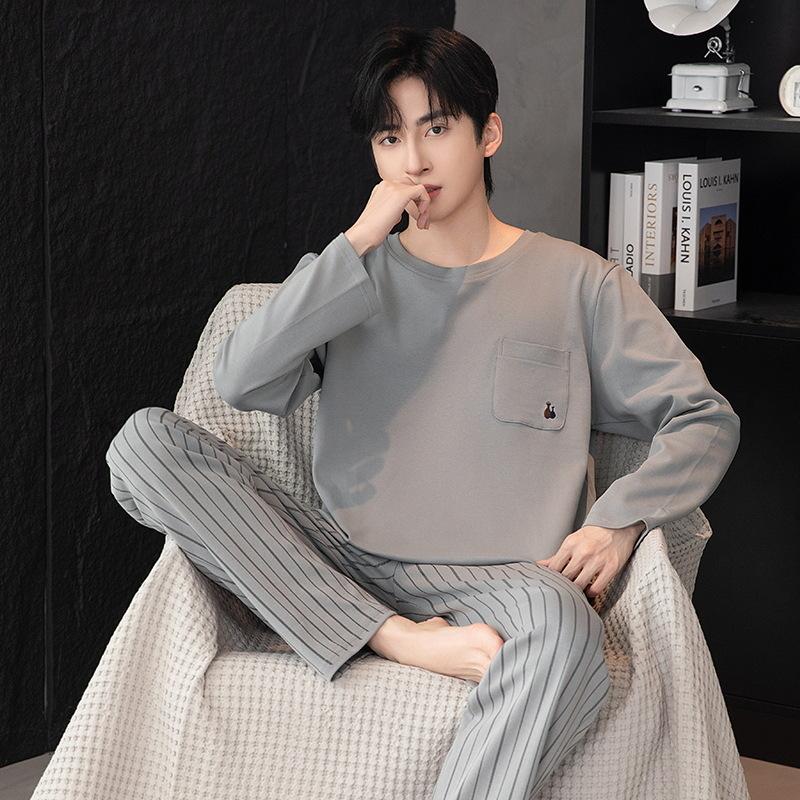 Two Pieces Set Men's Cotton Pajamas Set Long Sleeves Sleeping Top Pant Nightwear Big Size L-3XL Pyjamas Young Boy Pijamas Hombre