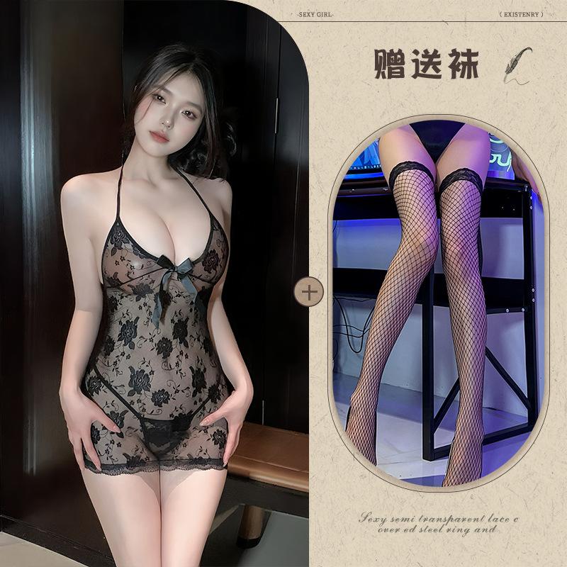 Women's perspective hip-wrapped nightdress sexy deep V hollow lace-up neck lace print lingerie