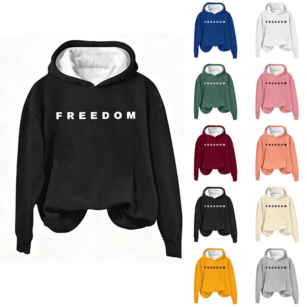 Women's Loose And Comfortable Round Neck Long Sleeved Hooded Sweatshirt With Printed Text