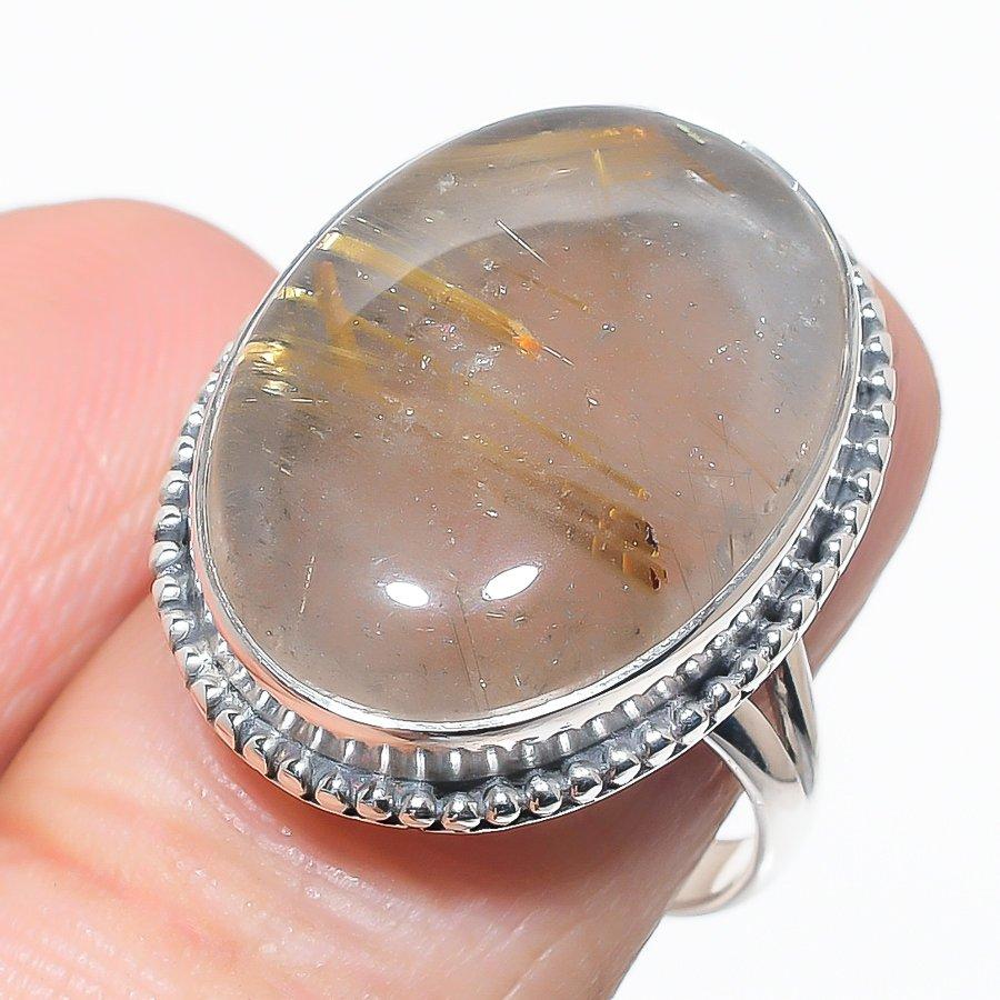 Ювелирное кольцо из чистого серебра 925 пробы с натуральным золотым рутилом ручной работы S.7.5 q8J13