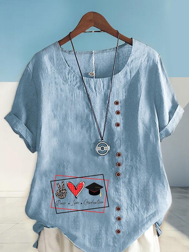 Women's Fashion Love Print Shot Sleeve T-shirt Loose Cotton Shirt Casual Loose Summer Blouse Tops Plus Size