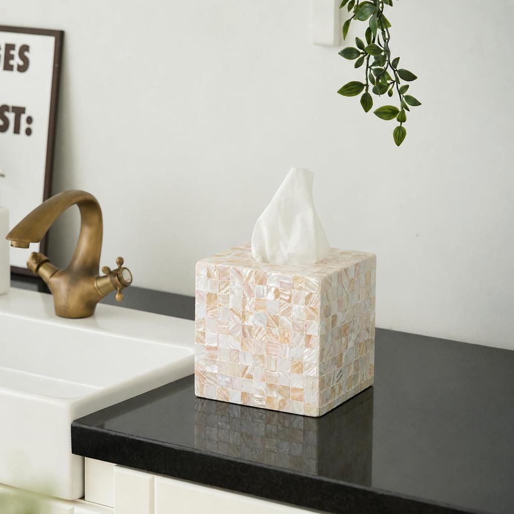 Mother-of-pearl inlaid square tissue box handcrafted with a sliding base white color.