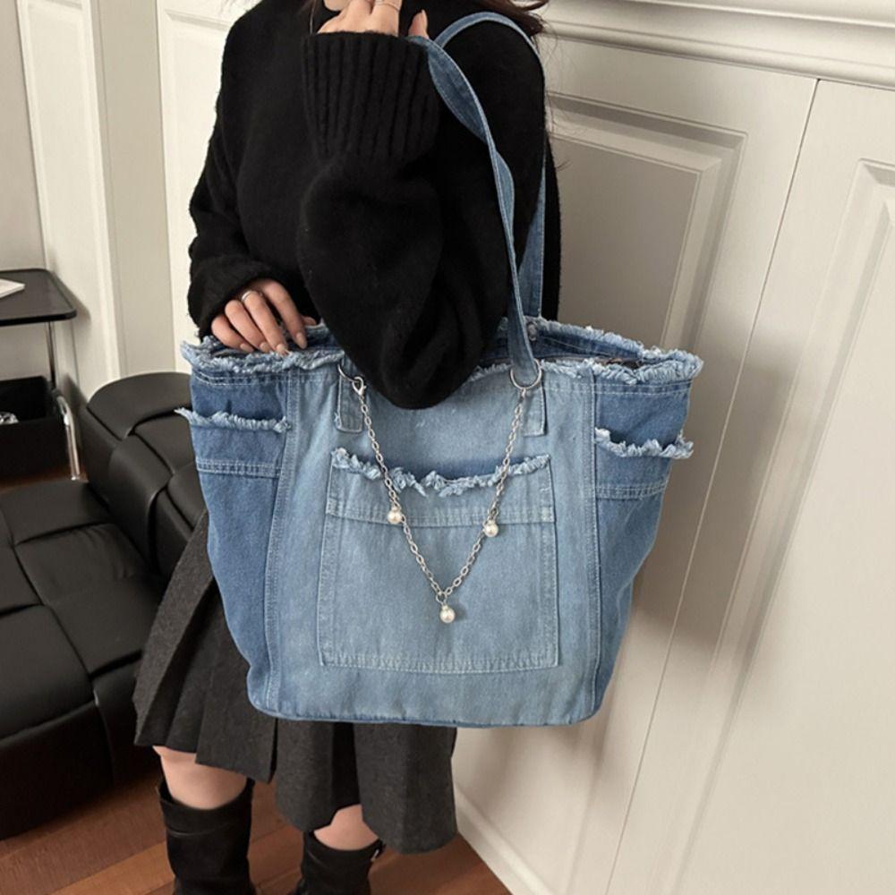 Korean Style Canvas Tote Bag Simple Underarm Packs Cute Denim Shoulder Bag Outdoor