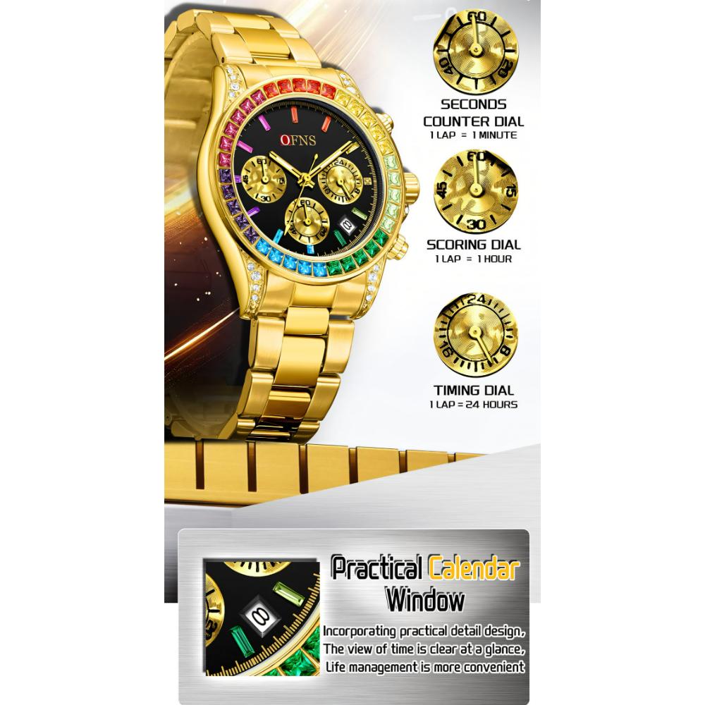 Rainbow Diamond Chronograph Men's Watch Six Pin Quartz Movement Waterproof Calendar Night Light Luxury Men's Watch