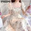 French Square Neck Floral Dress Trend Temperament Thin Chiffon Fairy Long Skirt Slim Waist Bundle Hundred with Bubble Sleeve Dresses