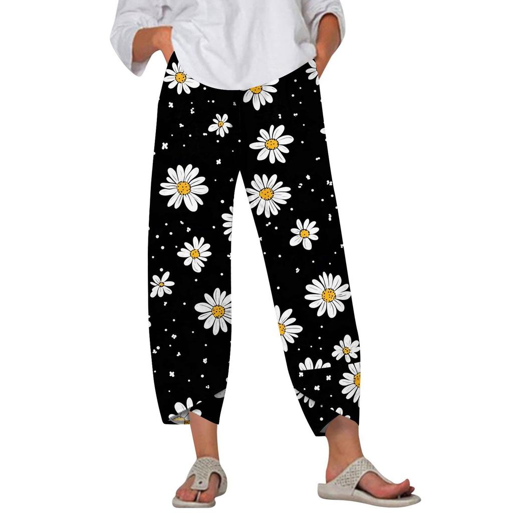 Брюки женские летние повседневные широкие брюки с эластичной резинкой на талии и принтом с карманами